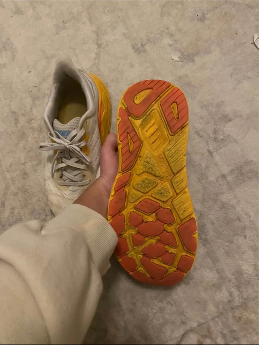 Hoka Womens Sneaker — White Upper with Yellow and Orange Sole